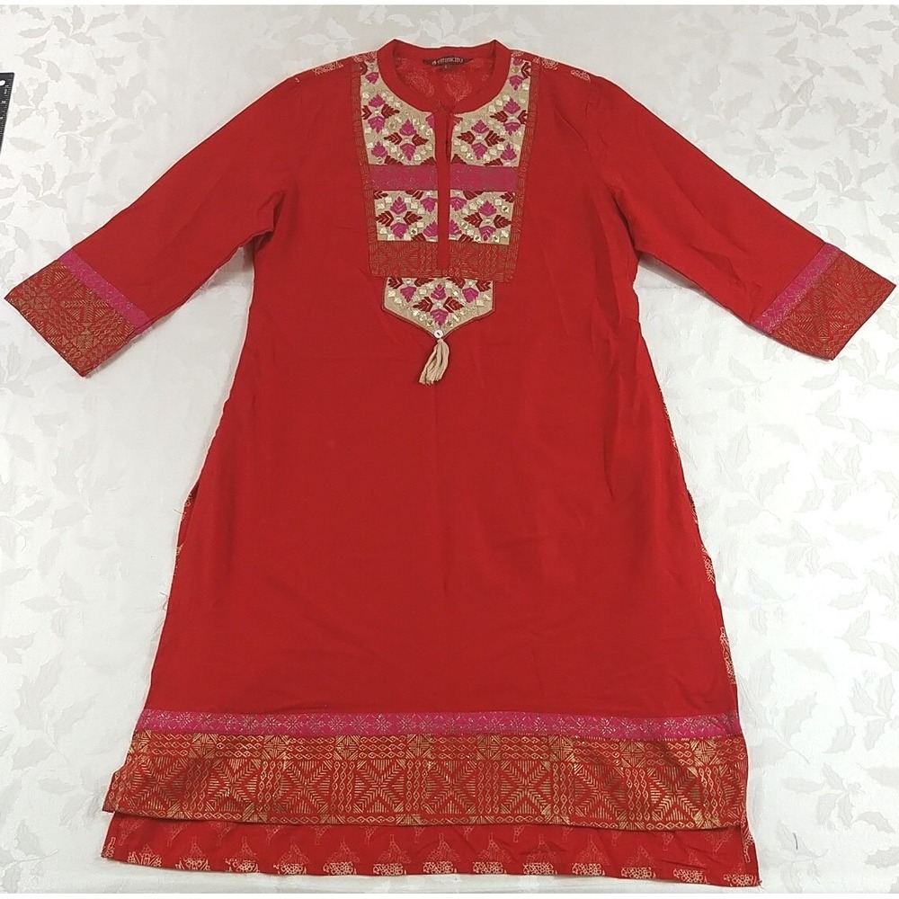 Ethnicity Everything Indian Long Top Ladies L Red W/Embellishments Side Slit